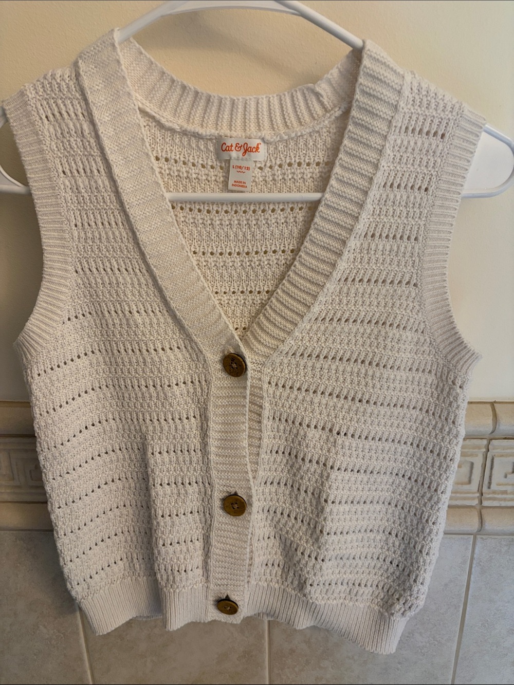 Cat & Jack Cream Open-Knit V-Neck Button Sweater Vest